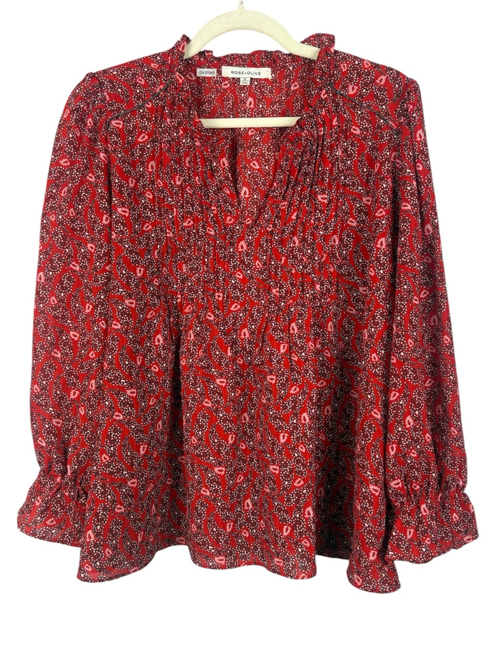 Rose + Olive Boho Chic Paisley Floral Print Pleated Ruffle Blouse Red XL